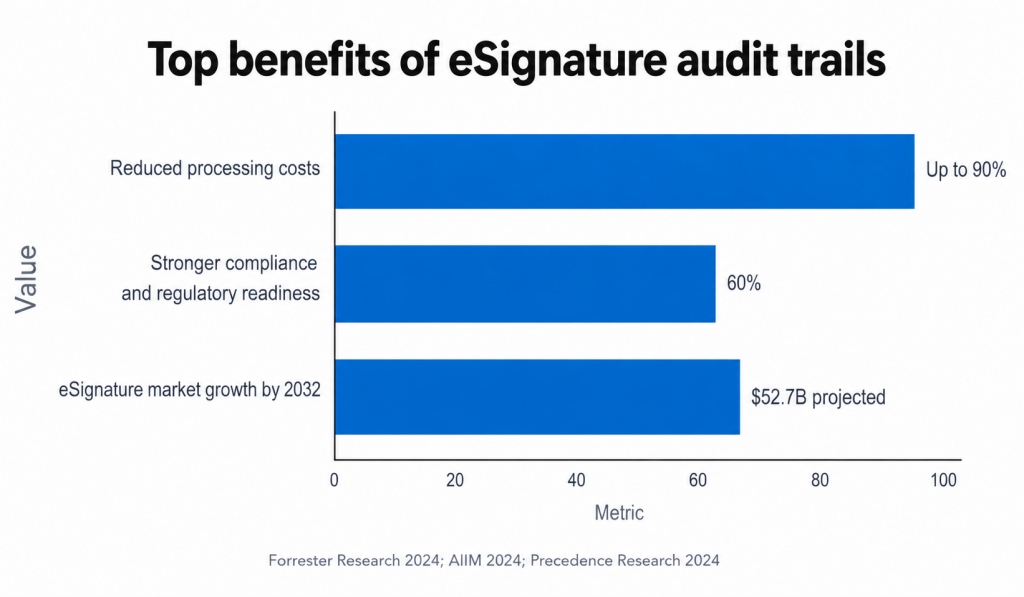  Horizontal bar chart titled “Top benefits of eSignature audit trails” comparing key advantages such as reduced processing costs, stronger compliance and regulatory readiness, and projected eSignature market growth by 2032.