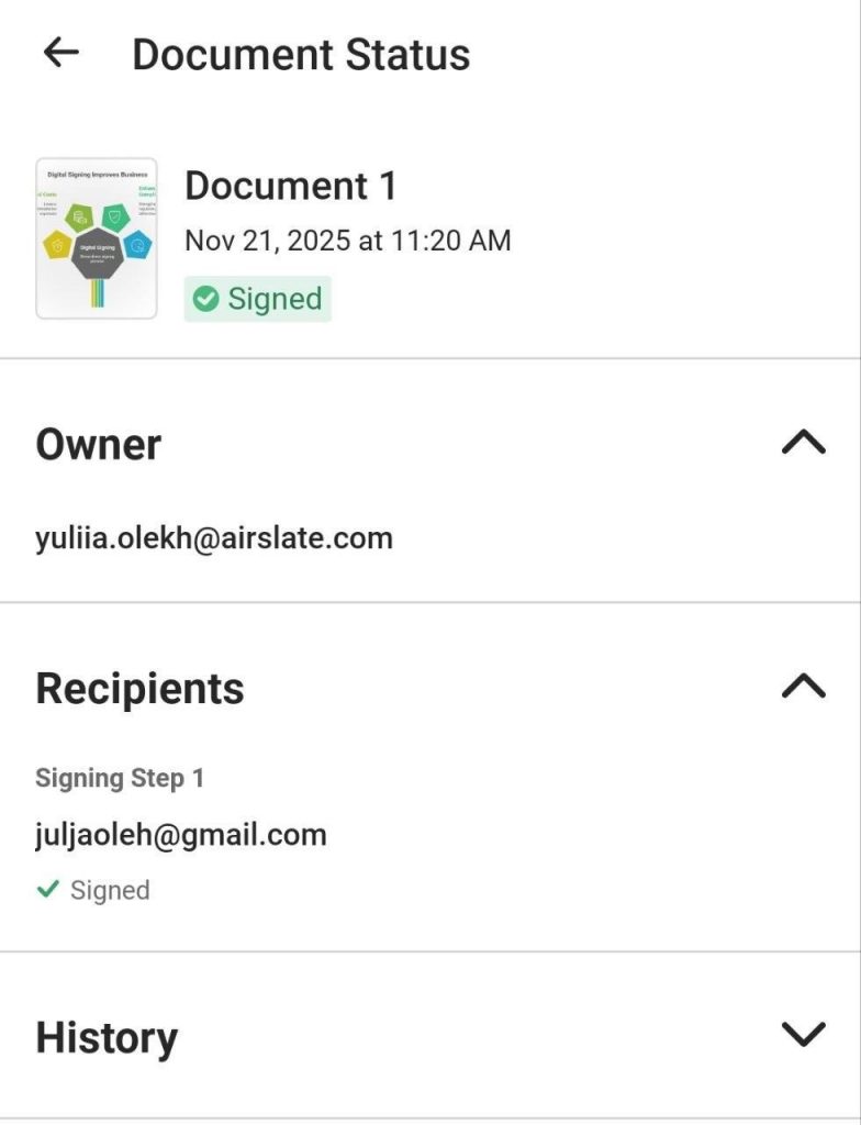 A screenshot of Document History in SignNow showing actions performed with the documents.