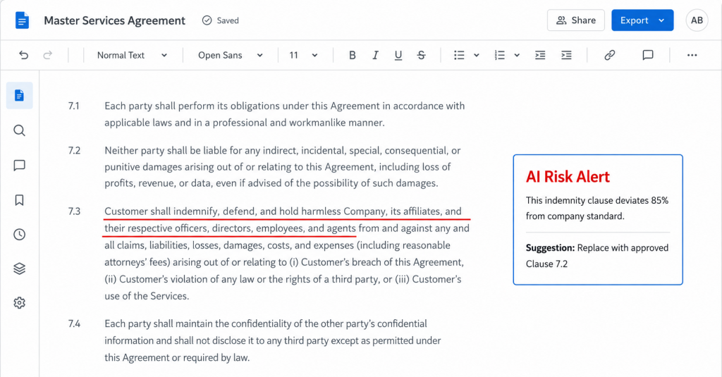 AI paragraph of legal contract text with one clause highlighted with a red underline.