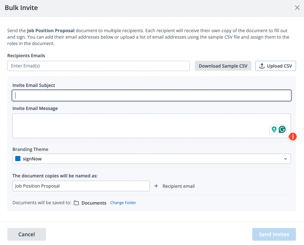 Screenshot of SignNow’s Bulk Invite window showing fields to add recipient emails, customize the invitation message, upload a CSV list, and send document copies in bulk