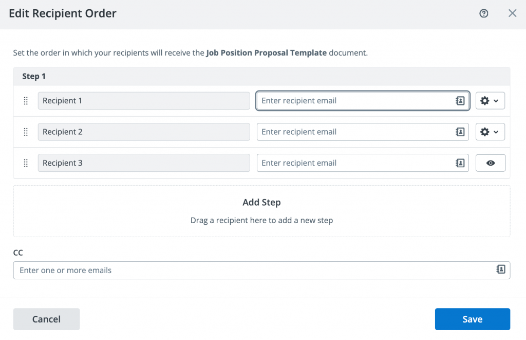 Screenshot of SignNow’s Edit Recipient Order window showing three recipients in Step 1, an option to add another step, and fields for CC recipients.
