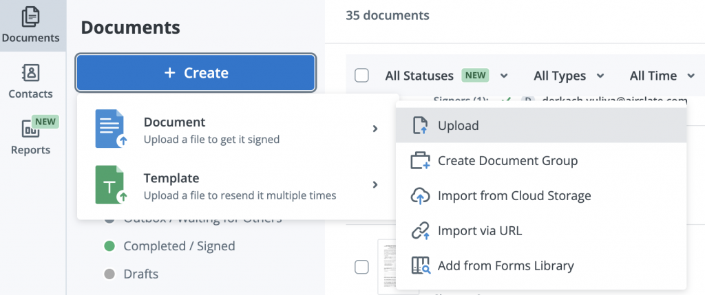 Screenshot of SignNow’s dashboard showing the “+ Create” menu expanded with options to upload a document, create a document group, import from cloud storage or URL, and add from the forms library.