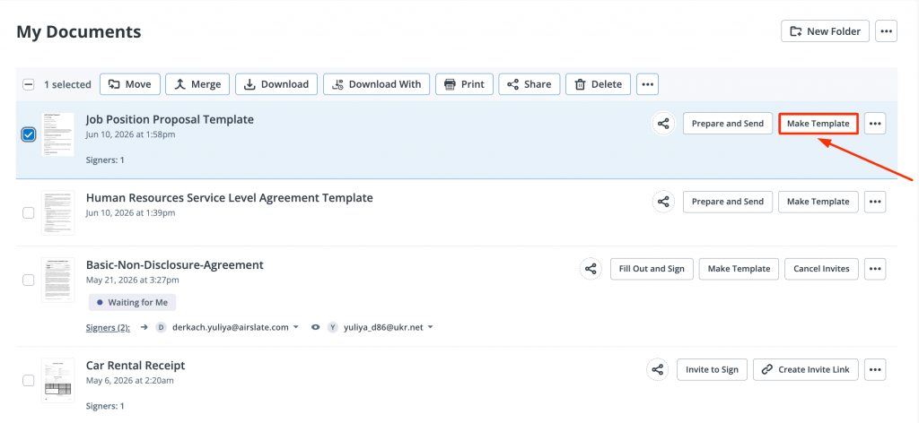 Screenshot of SignNow’s My Documents folder with a document selected and the “Make Template” button highlighted for converting a file into a reusable template.