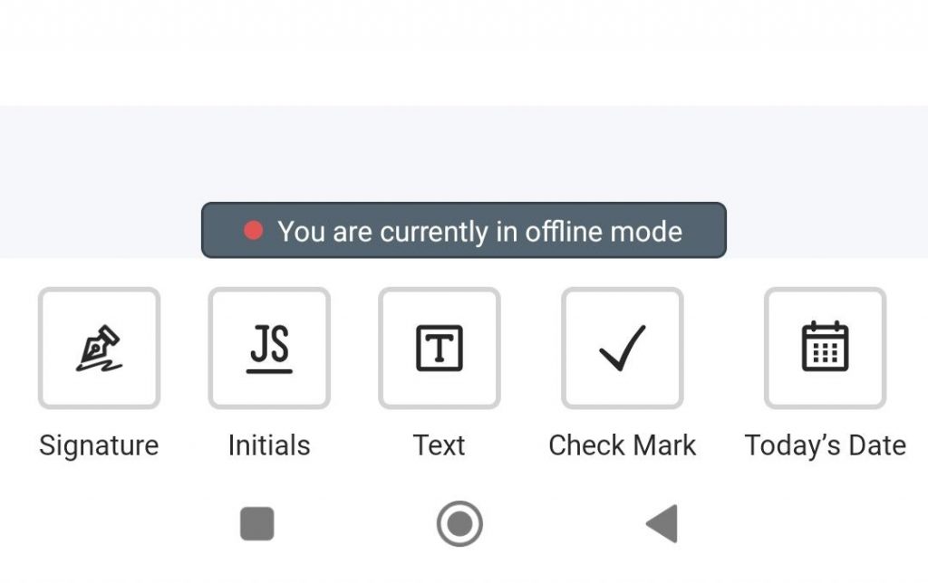 SignNow mobile app in offline mode displaying document completion tools, including Signature, Initials, Text, Check Mark, and Today’s Date. A notification banner indicates the user is currently offline while editing or filling out a document.