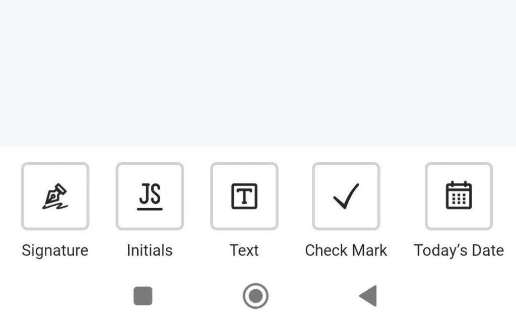 SignNow mobile app screen displaying fillable field options for adding a signature, initials, text field, check mark, and today’s date to a document. The interface allows users to prepare and complete documents for eSignature directly from a mobile device.