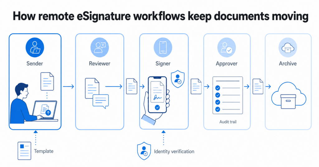 Remote eSignature workflow diagram showing document review, signing, approval, and secure cloud archiving.