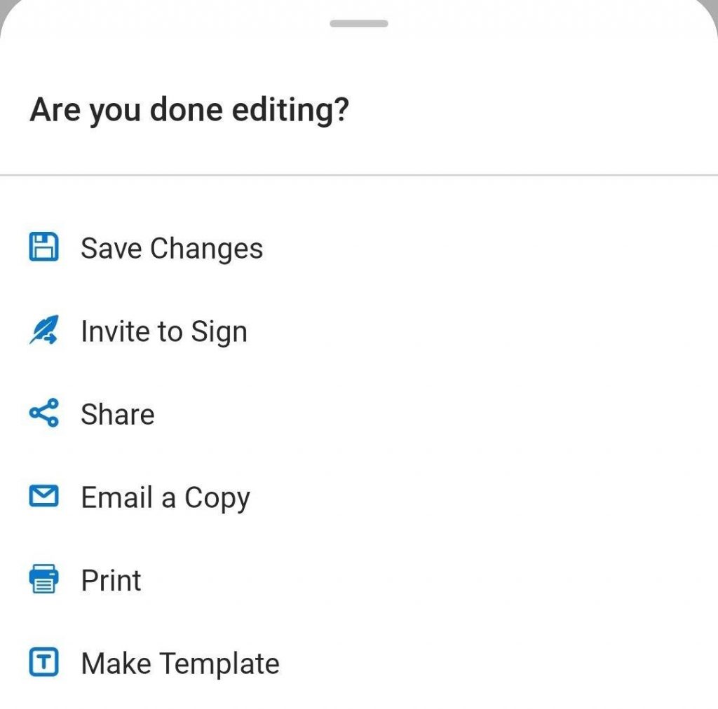 SignNow mobile app completion menu displaying post-editing actions, including Save Changes, Invite to Sign, Share, Email a Copy, Print, and Make Template.
