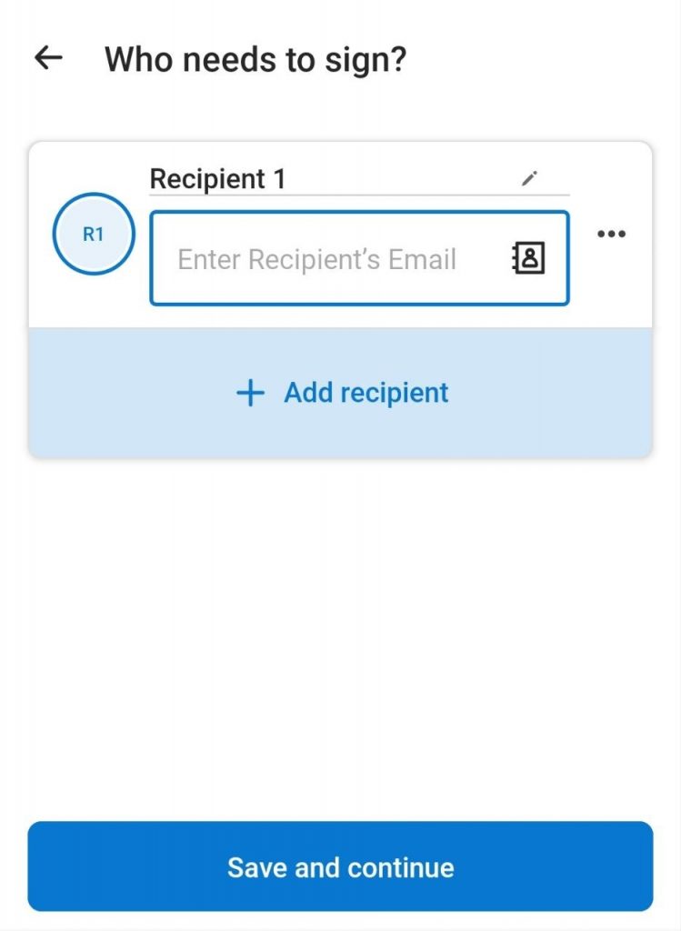SignNow Android app screen for adding eSignature recipients. The interface allows users to enter a recipient’s email address, assign signing roles, add multiple recipients, and prepare documents for electronic signature requests from a mobile device.