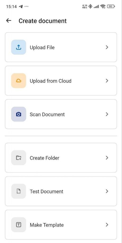 SignNow mobile app “Create document” screen showing options to upload a file, upload from cloud storage, scan a document, create a folder, create a test document, or make a reusable template from a mobile device.