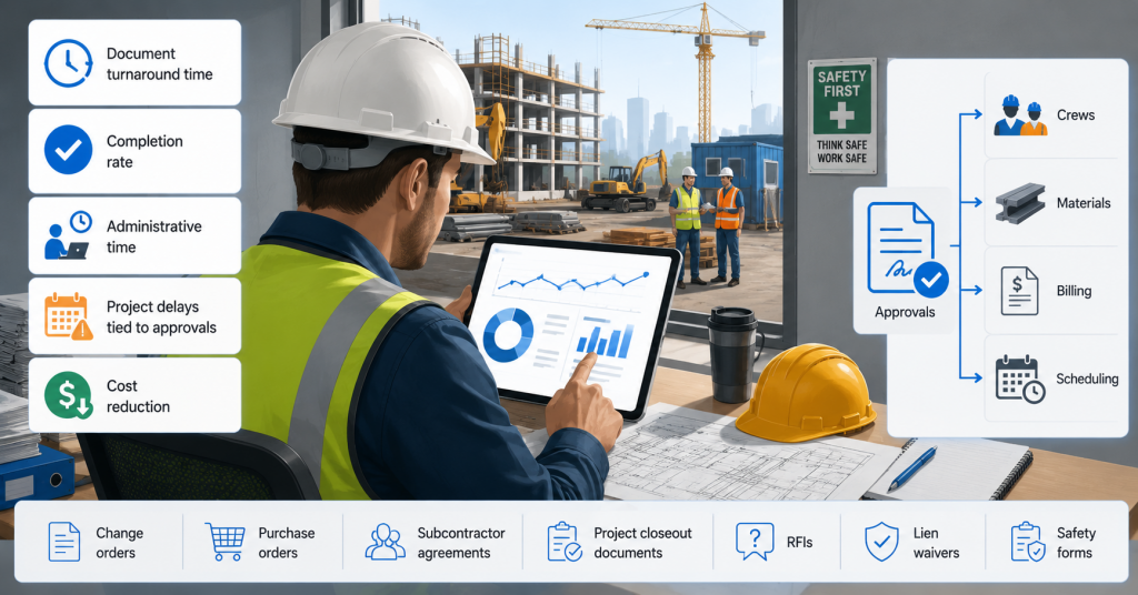 Construction project manager reviewing approval metrics on a tablet at a job site. The infographic highlights key eSignature implementation results.