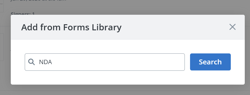 SignNow Forms Library search window for finding and adding an NDA template to a document workflow.