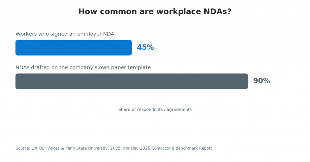 A bar chart where the percentage of workers who signed an employer NDA and NDAs drafted on company’s own paper template are shown.
