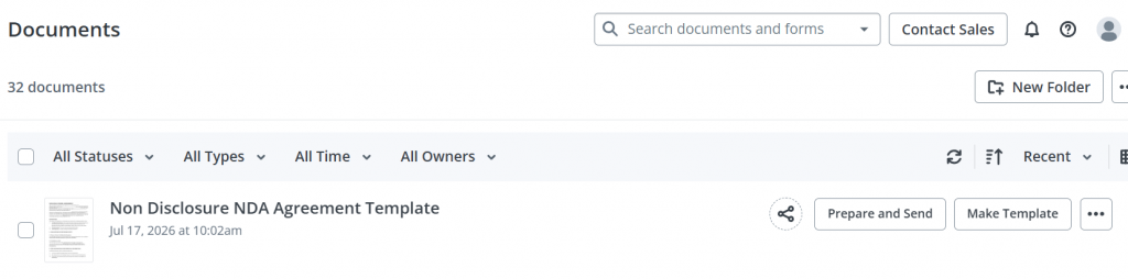 SignNow Documents dashboard displaying a Non Disclosure NDA Agreement template with options to prepare, send, share, or convert it into a reusable template.