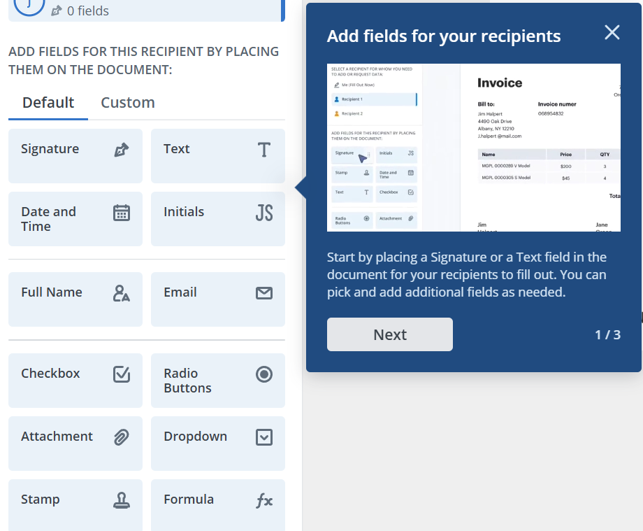 SignNow field editor showing signature, text, date, initials, and form fields that can be assigned to recipients before sending a document for signature.