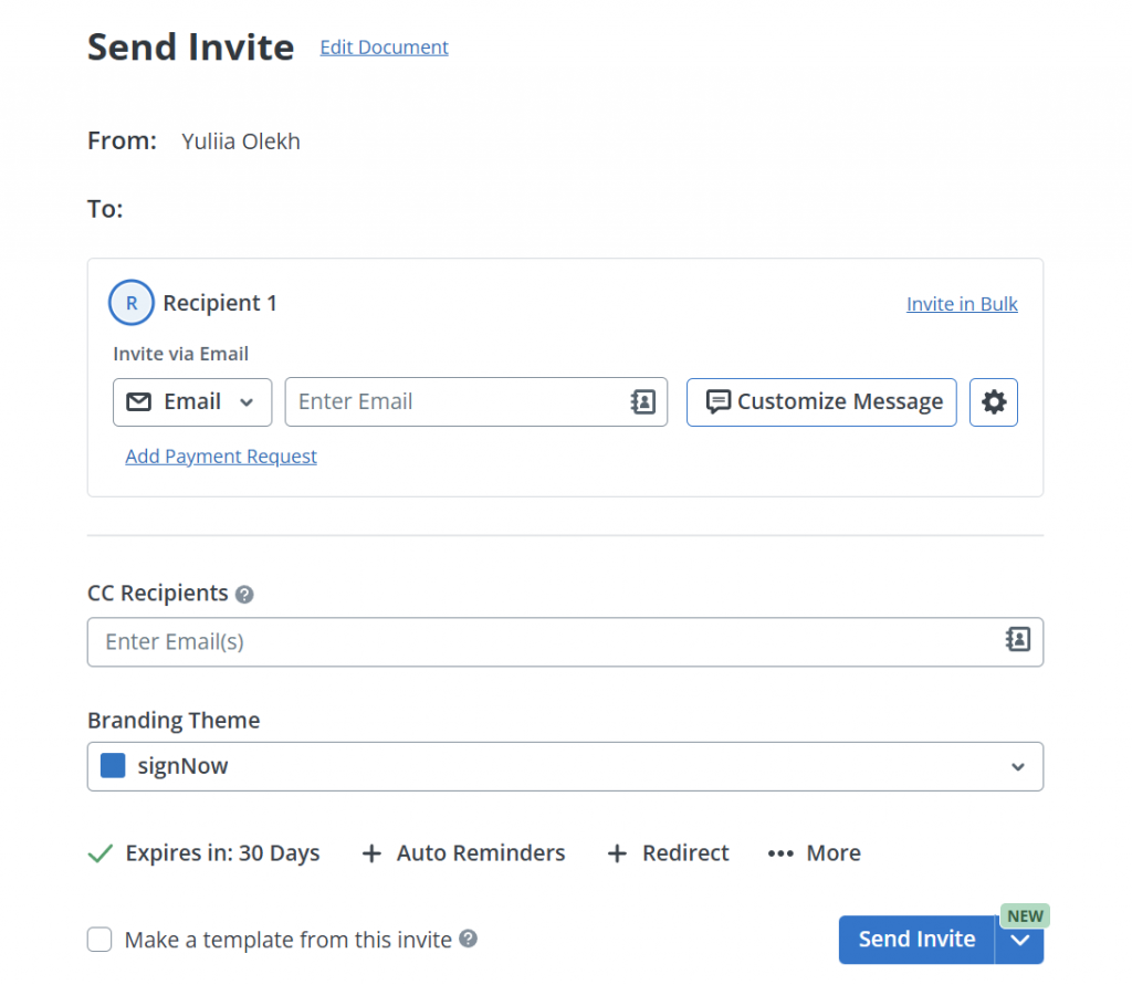 SignNow document preparation screen for adding recipients, entering signer email addresses, and assigning signer or approver roles before sending an NDA for signature.