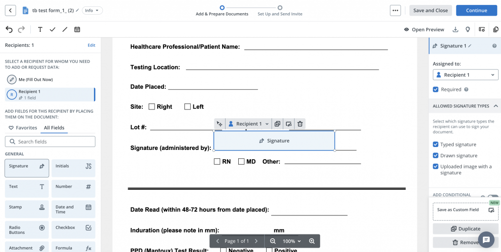 In the Fields panel, drag a Signature Field onto the document and enter the recipient's email address.
