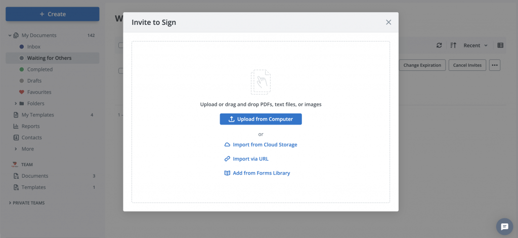 From the SignNow dashboard, upload the Word file directly from a computer or from a connected cloud folder, import via URL, or add from Forms Library.