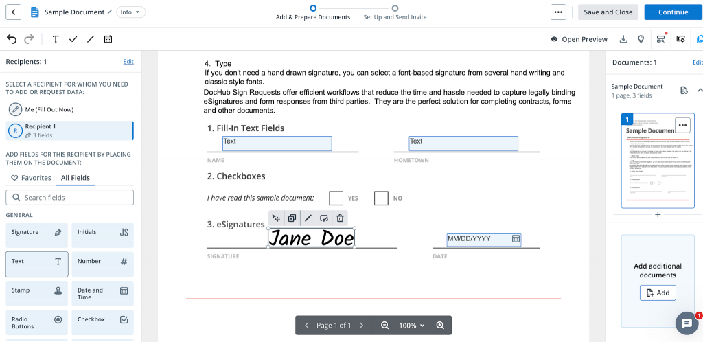 Set up your Signature field and add other fillable fields.
