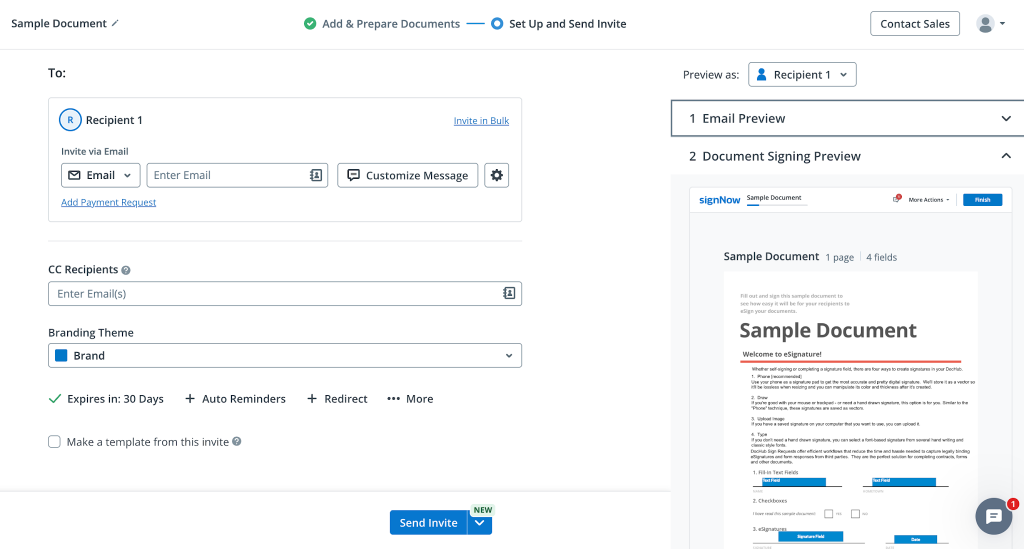 Set up your eSignature workflow and send the signature invite.