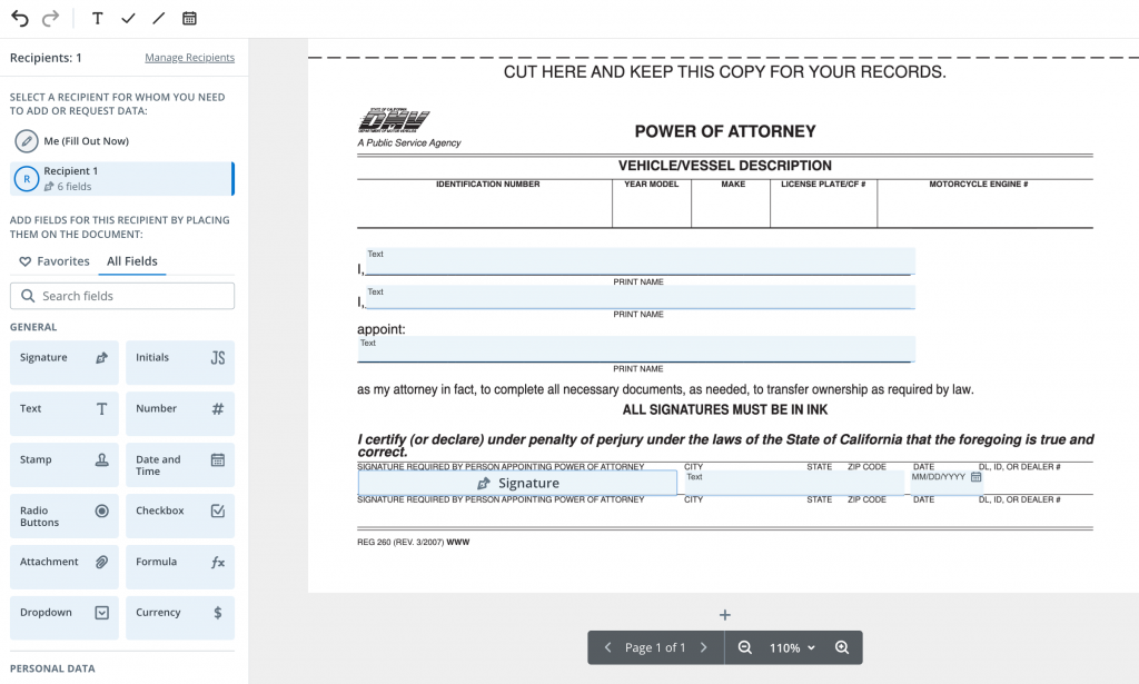Screenshot of the SignNow document editor showing a California DMV power of attorney form with signature, text, and date fields assigned to a signer.