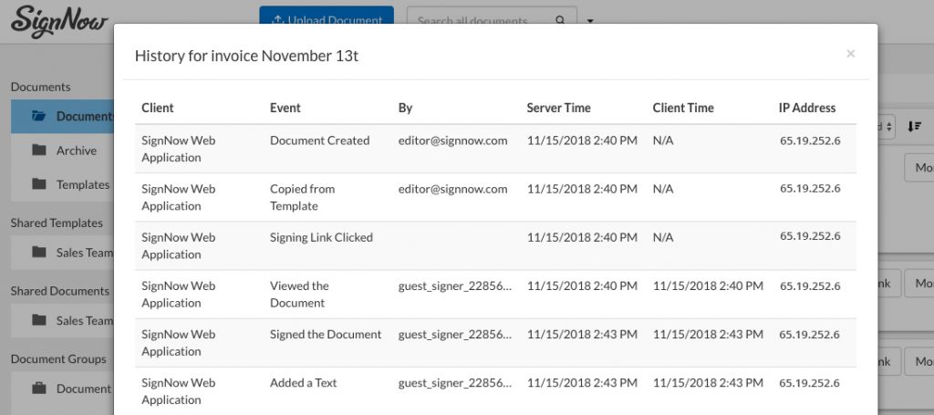 Screenshot of the SignNow audit trail window showing document history events, timestamps, signer activity, and IP address for an electronically signed file.