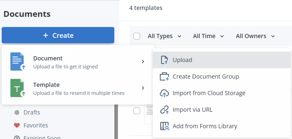 SignNow Documents dashboard with the Create menu open, showing options to upload a document, create a document group, import from cloud storage or URL, and add from the Forms Library.