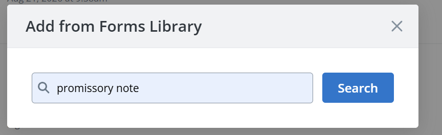 SignNow Forms Library search window with “promissory note” entered in the search field and a Search button.