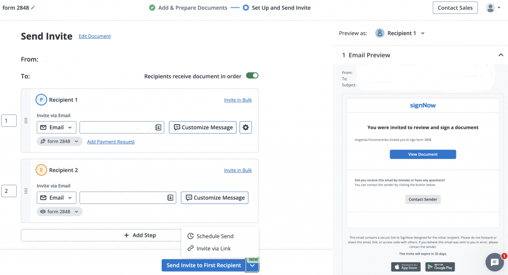 The screenshot of the Set Up and Send Invite step of the SignNow eSignature workflow.