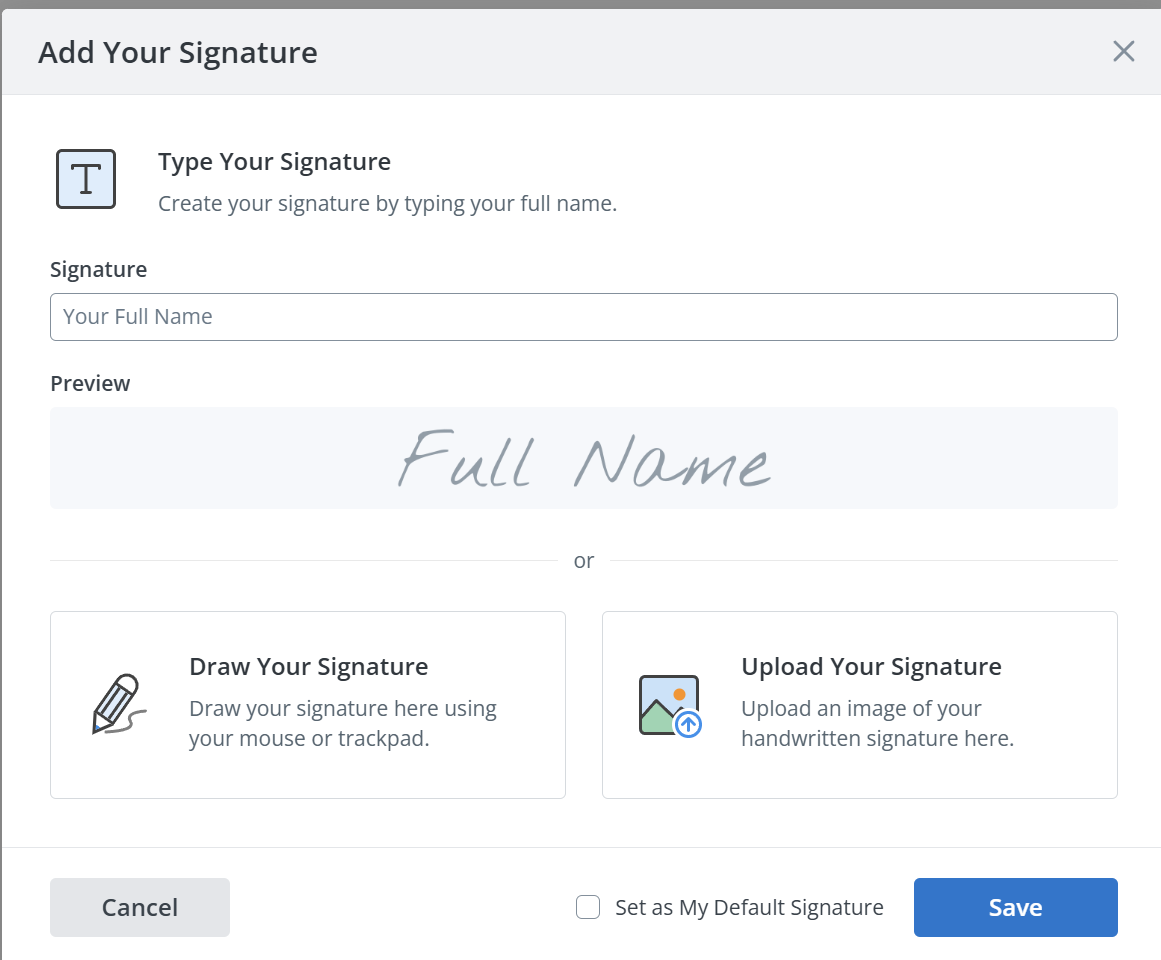 SignNow Add Your Signature window showing options to type a full name, preview the generated signature, draw a signature, or upload a handwritten signature image.