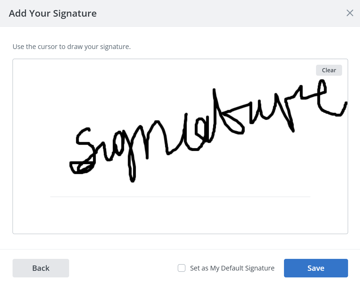 SignNow Add Your Signature window showing a handwritten signature drawn with the cursor, with options to clear, save, or set it as the default signature.