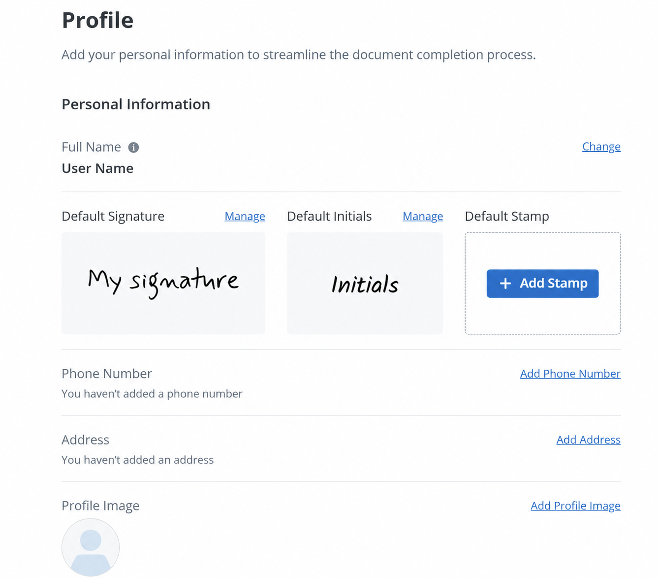 SignNow Profile settings showing a default signature, default initials, personal information, and options to add a stamp, phone number, address, and profile image.