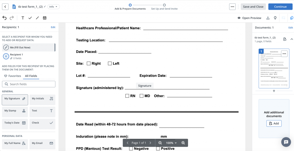 SignNow document editor showing a healthcare form with a signature field added and signature tools available in the left panel.