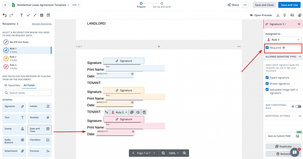 Screenshot of the SignNow editor, showing Signature, Text, and Date fields assigned to several recipients in a residential lease agreement, with the Required option enabled for a signature field.