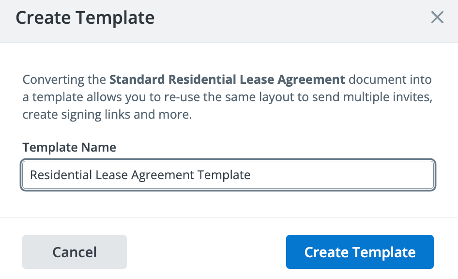 Screenshot of the SignNow interface, showing a Create Template window, with a system message and a “Residential Lease Agreement Template” document title entered in the Template Name field.