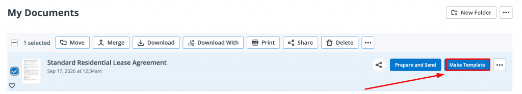 Screenshot of the SignNow "My Documents" interface fragment, showing a selected Lease agreement template and a highlighted "Make Template" button.