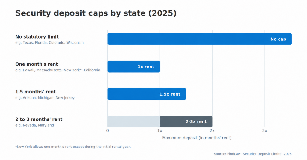 Horizontal bar chart of 2025 U.S. security deposit caps by state, grouping examples into no statutory limit, one month’s rent, 1.5 months’ rent, and two to three months’ rent.