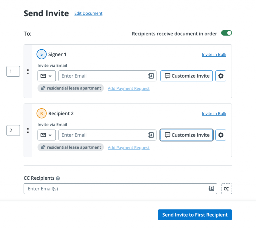Screenshot of the Send Invite window in SignNow, displaying fields for entering the document recipients' emails, a toggle turned on for the recipients to receive the document in order, and a button for sending the invite to the first signer.