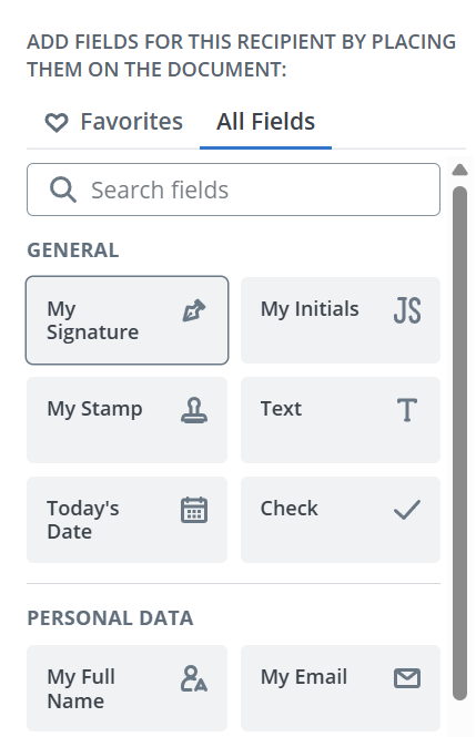 SignNow field panel showing options for adding the sender’s own signature, initials, stamp, text, date, checkmark, full name, and email to a document.