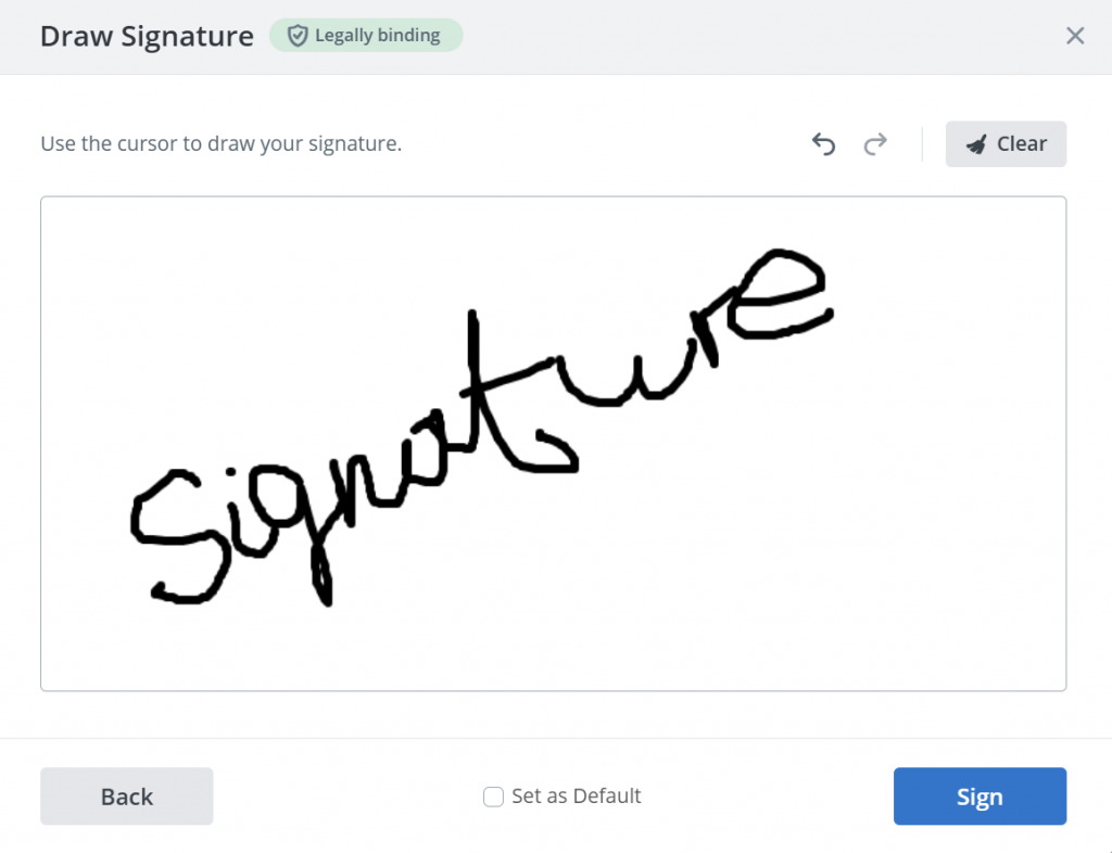 SignNow Draw Signature window showing a handwritten signature created with the cursor, with options to clear, undo, redo, set it as the default, or apply it to the document.
