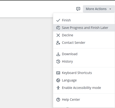 SignNow More Actions menu showing options to finish signing, save progress and finish later, decline, contact the sender, download the document, view history, and access additional settings.