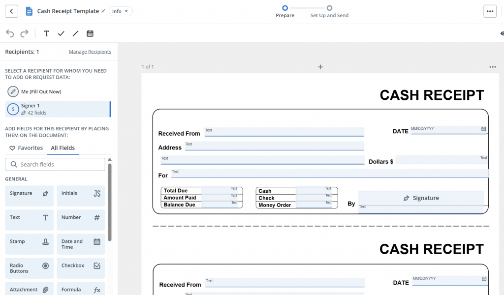 SignNow Cash Receipt Template in the document editor with fillable fields for payer details, date, amount, payment method, signature, and recipient-specific inputs.