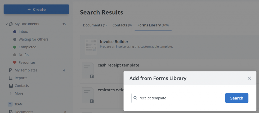 SignNow Forms Library search showing results for “receipt template” with an Add from Forms Library search dialog open.