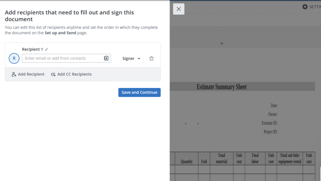 SignNow Estimate Summary template showing a recipient setup panel where users can add a signer or CC recipient before continuing to prepare the document.