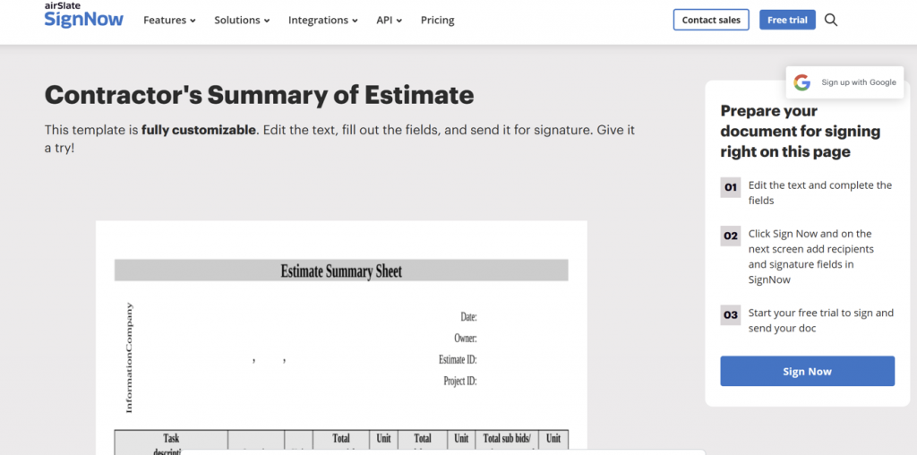 airSlate SignNow Contractor’s Summary of Estimate template page showing a customizable estimate summary sheet with instructions to edit fields, add recipients and signature fields, and send the document for signing.