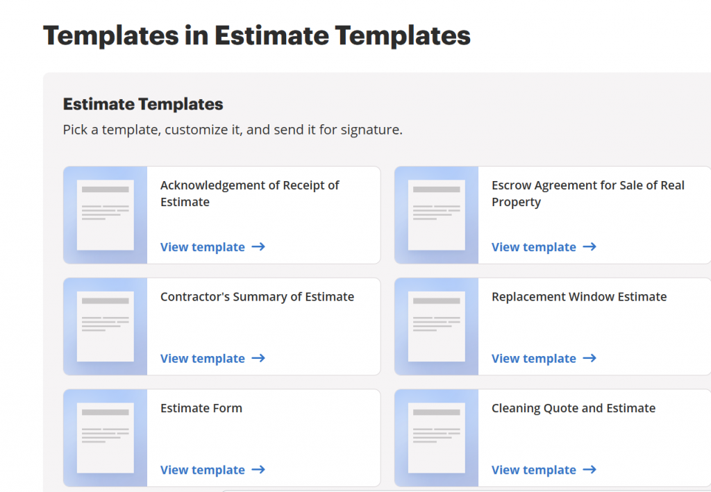 SignNow Estimate Templates page showing several customizable forms, including an acknowledgement of receipt of estimate, contractor’s summary of estimate, estimate form, replacement window estimate, and cleaning quote and estimate.