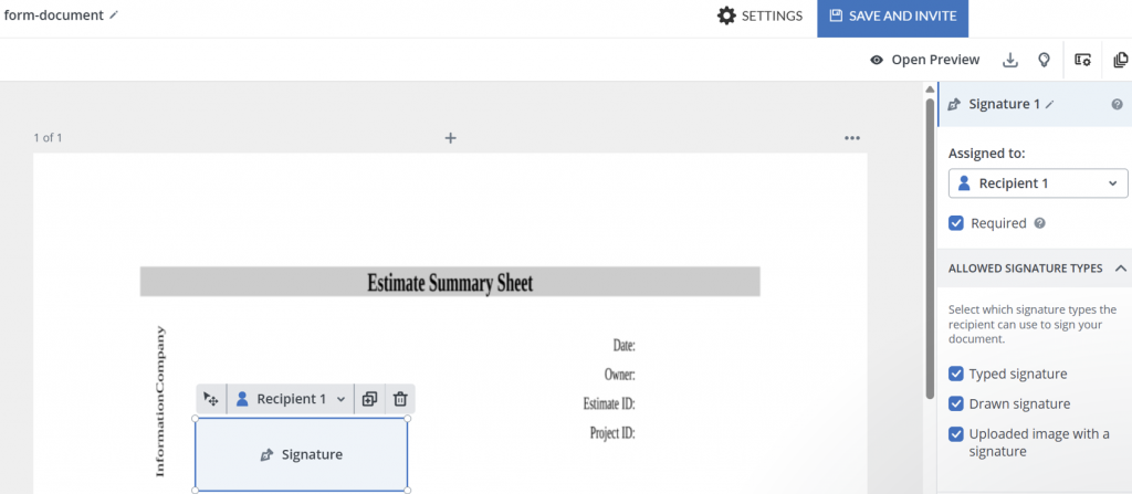 SignNow Estimate Summary Sheet editor showing a required signature field assigned to Recipient 1, with allowed signature types set to typed, drawn, or uploaded signatures.