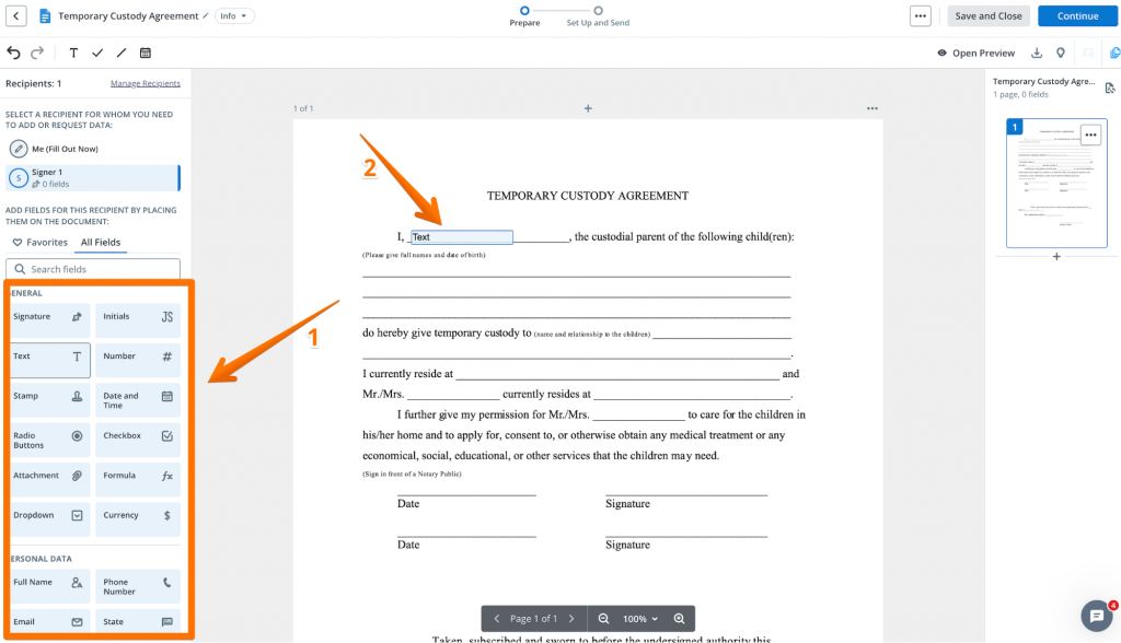 Screenshot of the SignNow document editor, showing an Agreement with the field tools panel open and a text field being placed on the form.