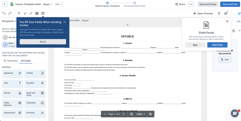 SignNow template editor showing an invoice document with options to add signature, text, date, checkbox, formula, and other fillable fields for recipients.