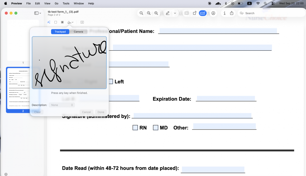 macOS Preview displaying a PDF form with the signature creation tool open, showing a handwritten signature captured using the Trackpad option.