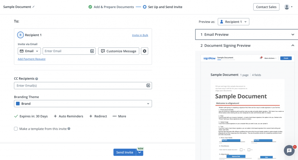 SignNow Set Up and Send Invite screen showing recipient email options, branding theme, expiration settings, auto reminders, and a document signing preview.